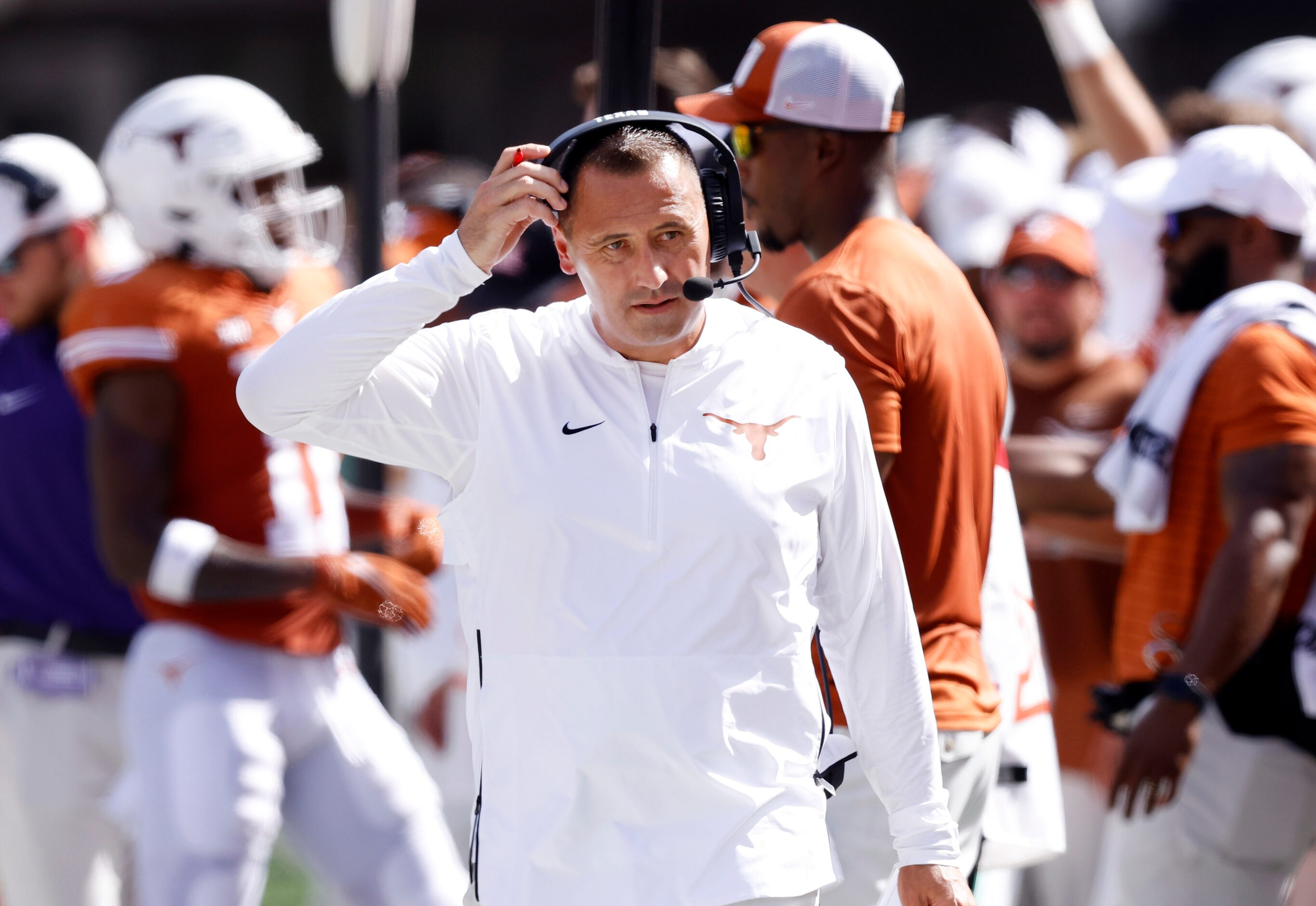 Texas Longhorns head coach Steve Sarkisian paces the sidelines during a first half timeout...