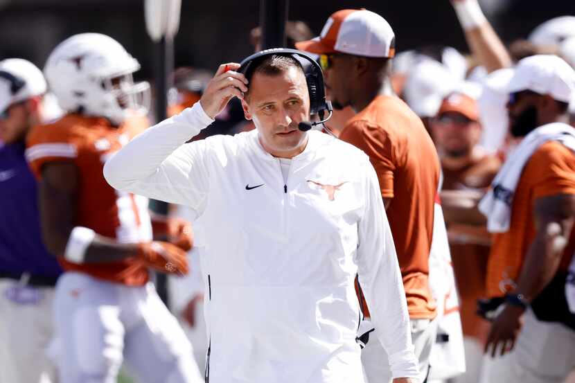 Texas Longhorns head coach Steve Sarkisian paces the sidelines during a first half timeout...