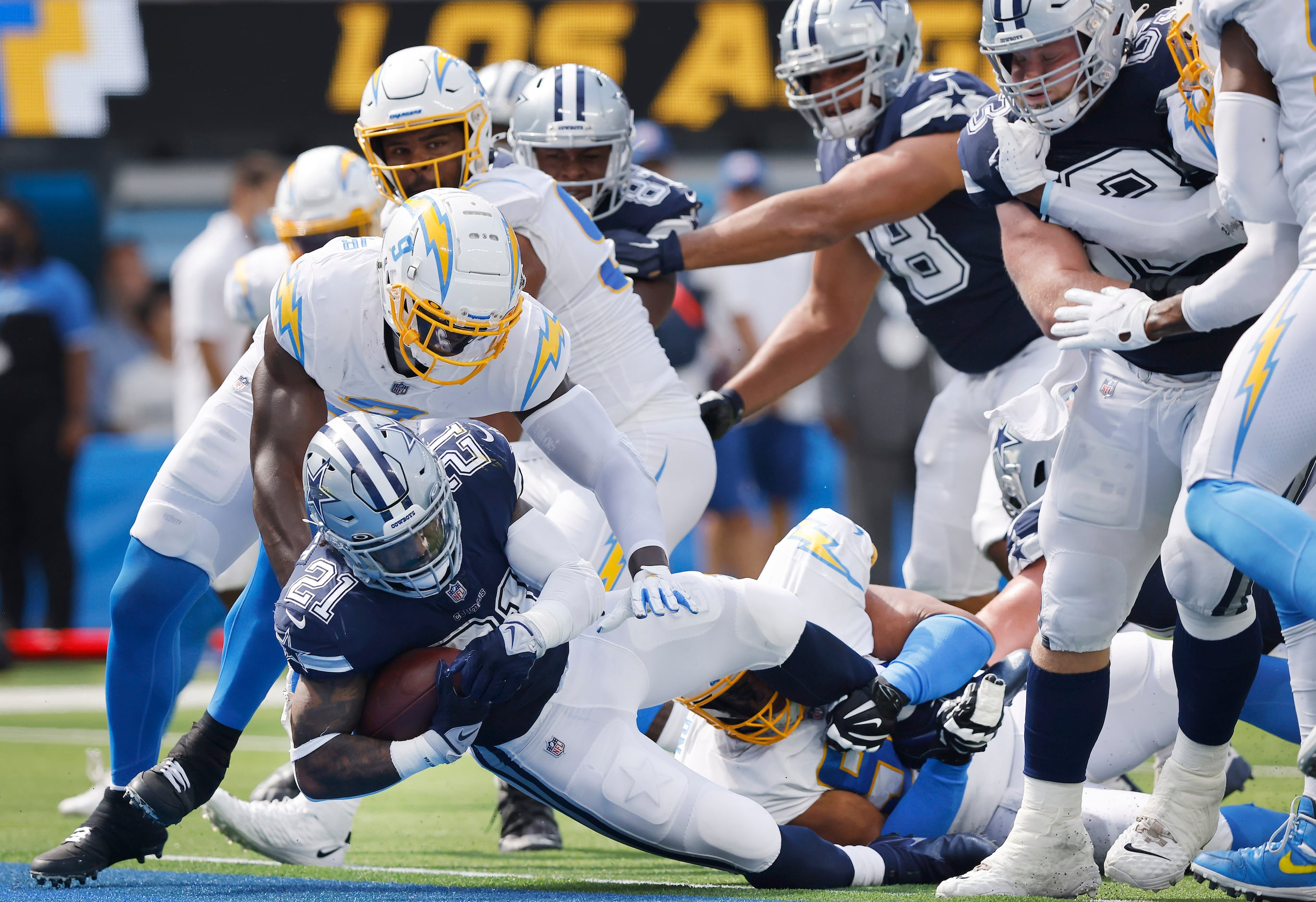 September 19, 2021 Dallas Cowboys corner back Trevon Diggs (7) celebrates  after intercepting a pass during the NFL football game between the Los  Angeles Chargers and the Dallas Cowboys at SoFi Stadium