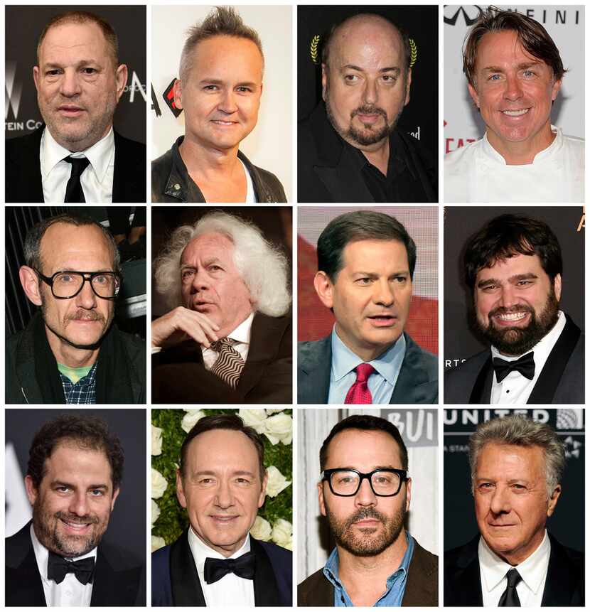 This combination photo shows, top row from left, film producer Harvey Weinstein, former...