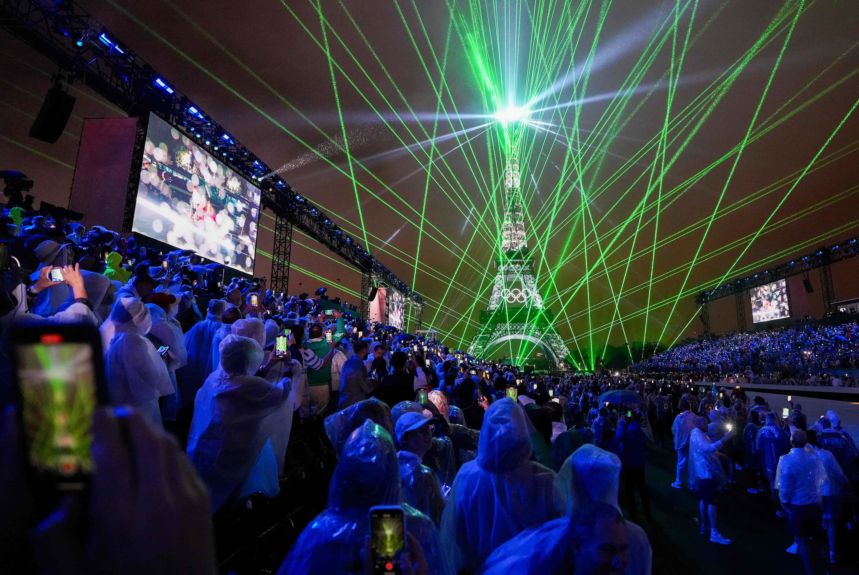 A light show illuminates the Eiffel Tower during opening ceremonies for the 2024 Summer...