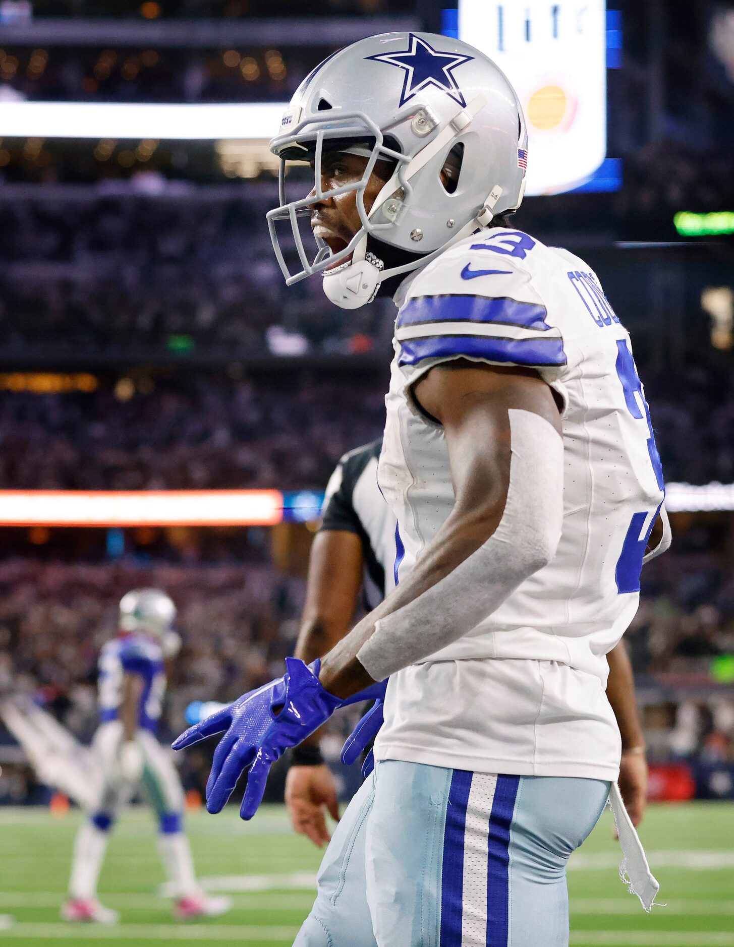 Dallas Cowboys wide receiver Brandin Cooks (3) celebrates his two-point conversion on the...