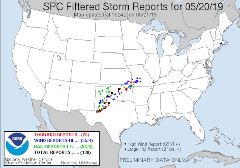 This map shows tornado, wind and hail reports across the U.S. on Monday, May 20.