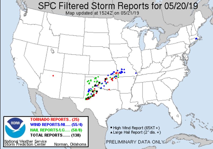 This map shows tornado, wind and hail reports across the U.S. on Monday, May 20.