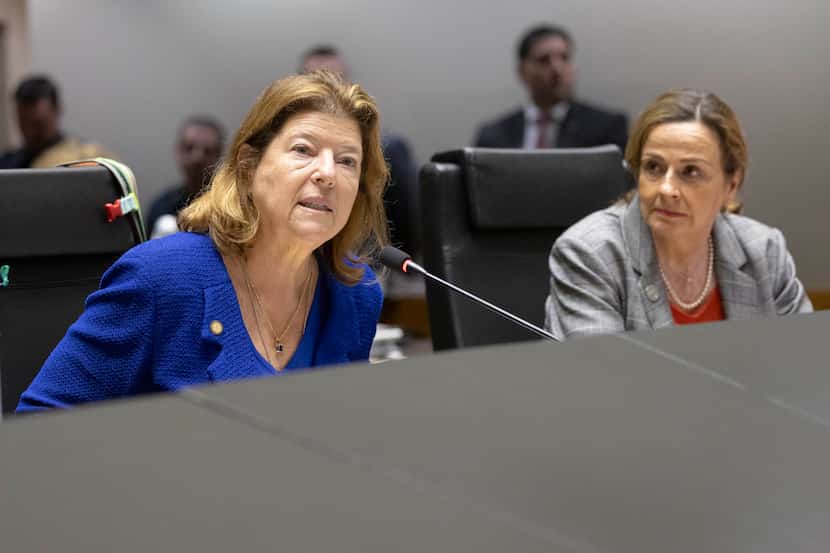 Council Member Jaynie Schultz, left, speaks during a Dallas City Council meeting as Council...