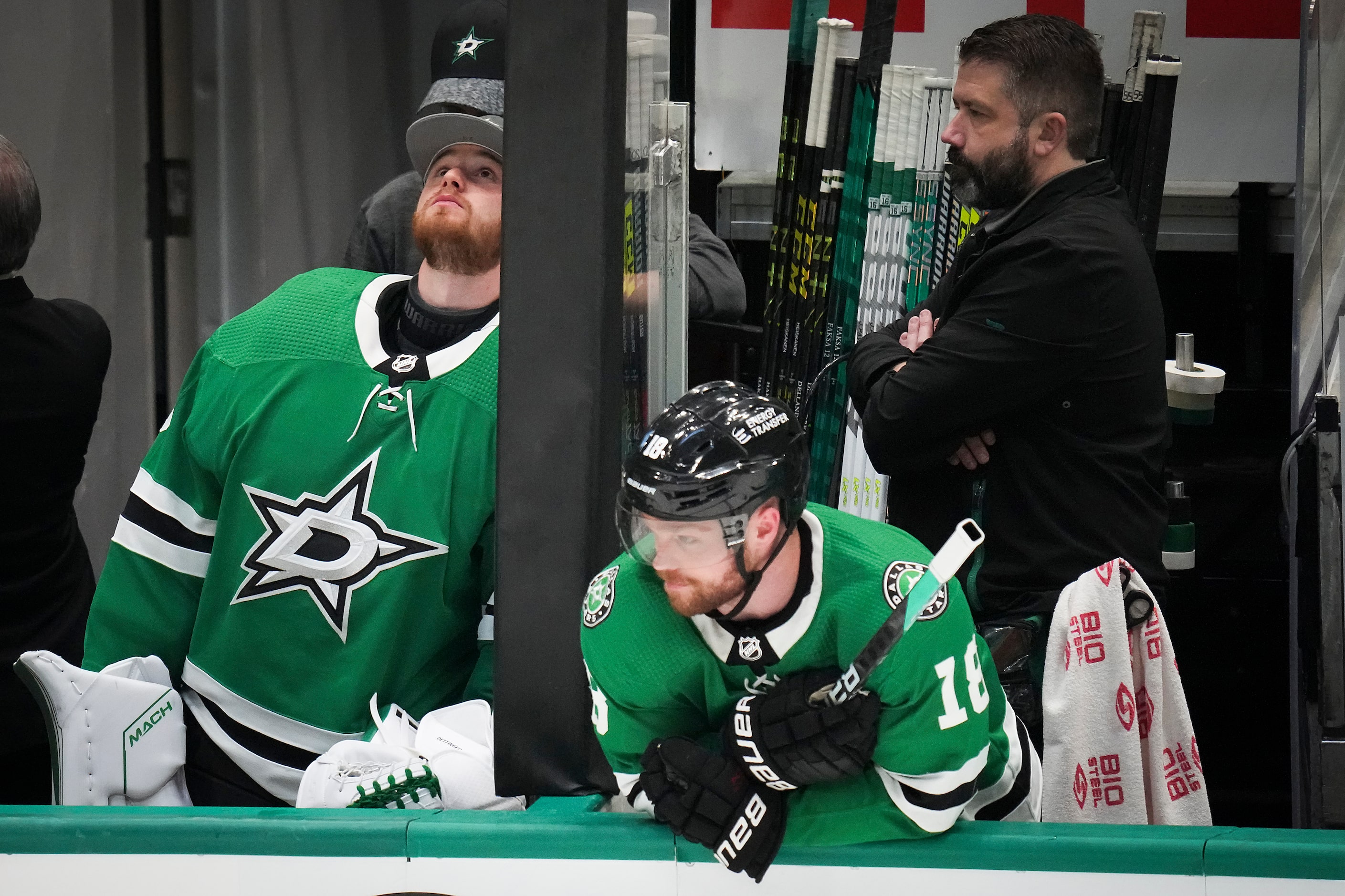 Dallas Stars goaltender Jake Oettinger and center Max Domi (18) look on from the bench...