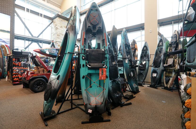 A variety of outdoor water sport items on display at Scheels in The Colony. Such items as...