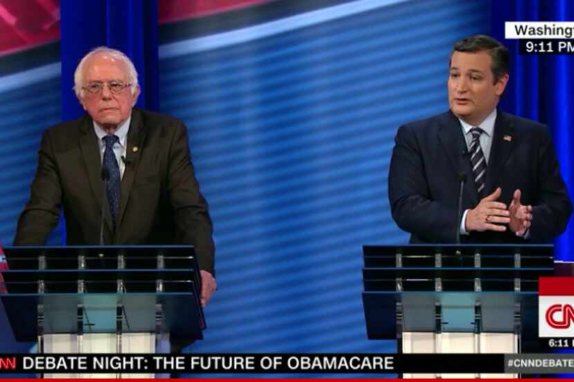 In this screen grab, Texas Sen. Ted Cruz debates Vermont Sen. Bernie Sanders at a CNN town...