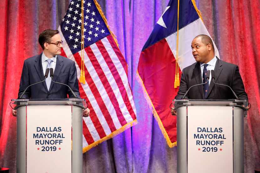 State Rep. Eric Johnson, D-Dallas (right) addresses Dallas City Council member Scott Griggs...