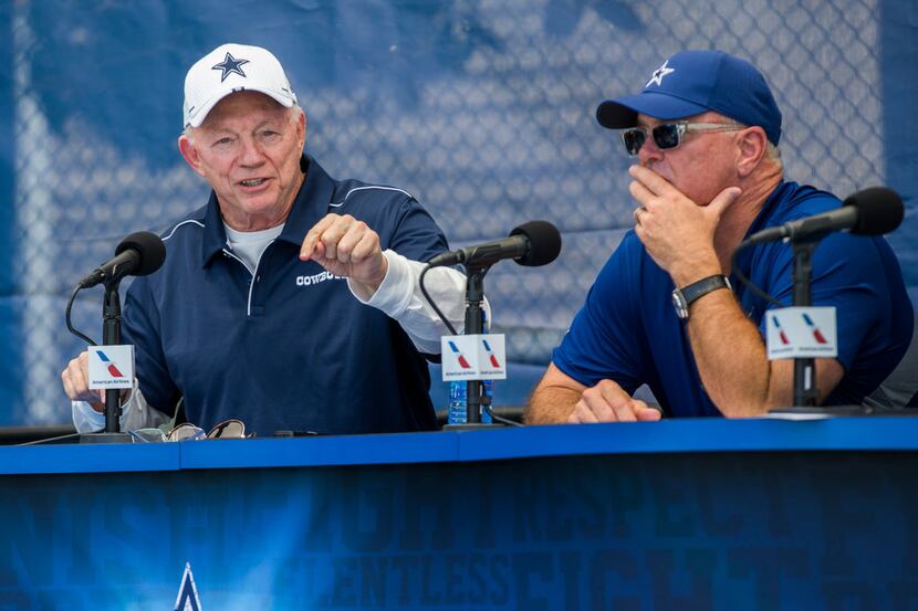 Dallas Cowboys Owner Jerry Jones and Executive Vice President and CEO Stephen Jones speak to...