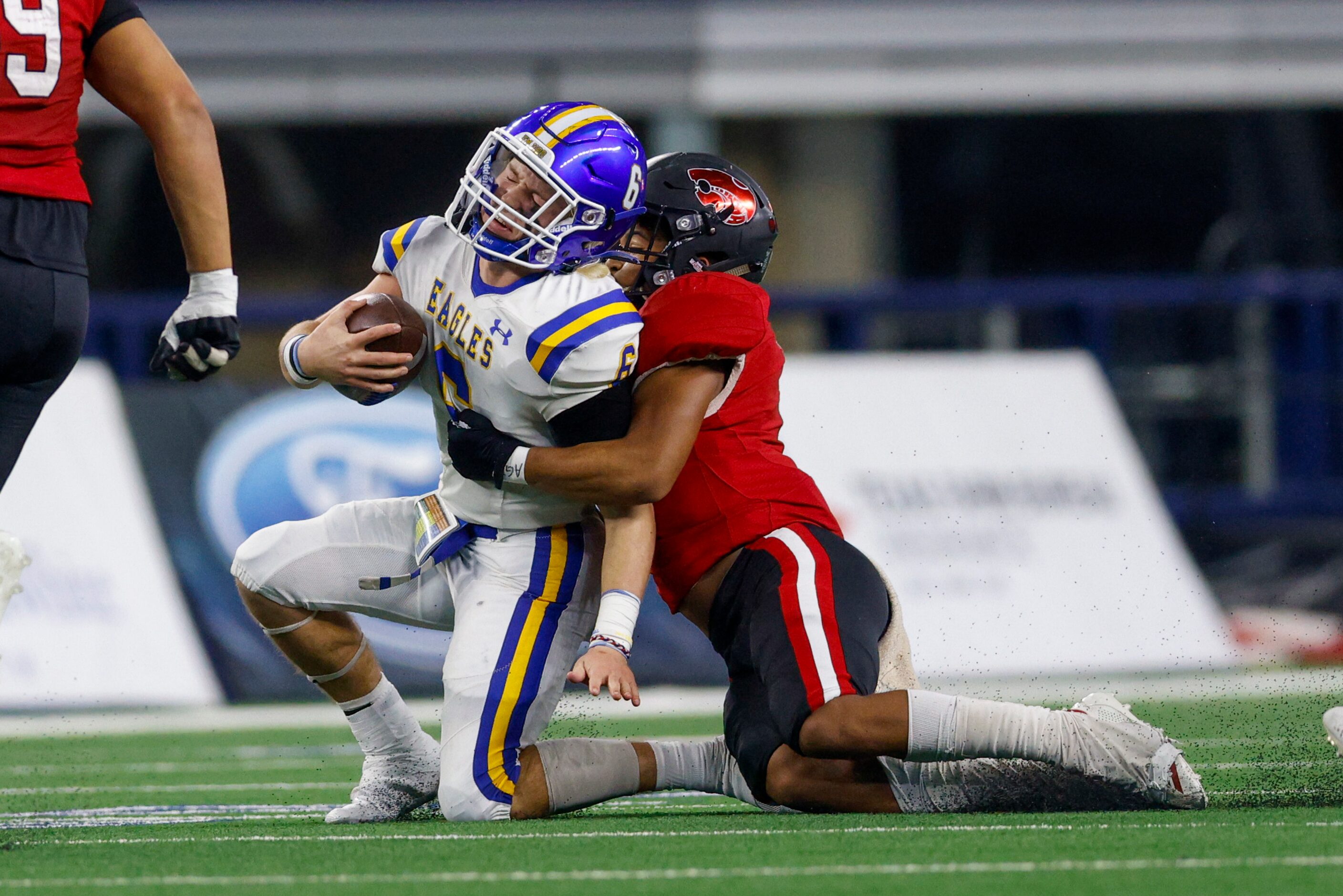 Lorena linebacker Braylon Henry (2) tackles Brock quarterback Tyler Moody (6) during the...