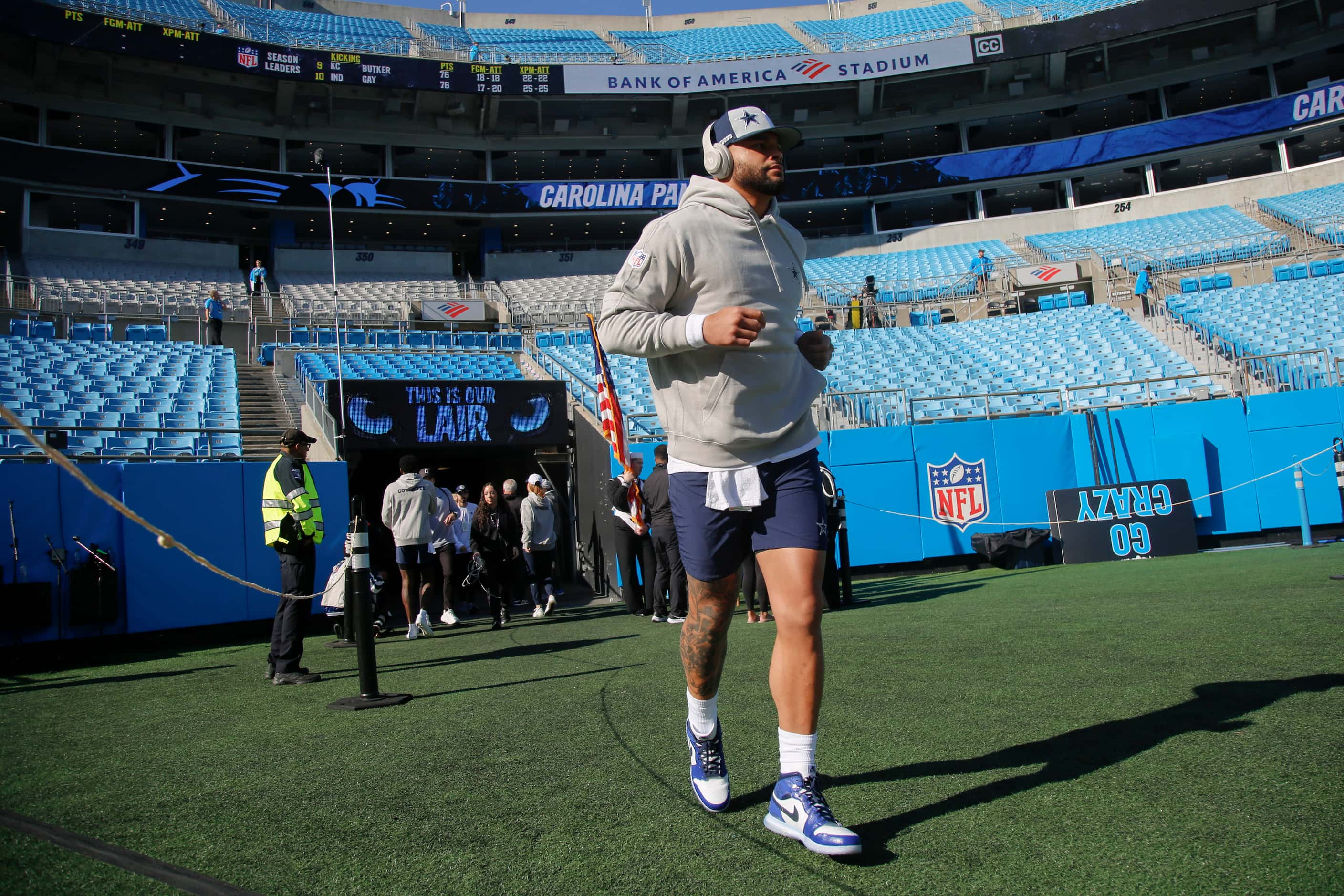 Dallas Cowboys quarterback Dak Prescott (4) steps onto the field before an NFL game against...