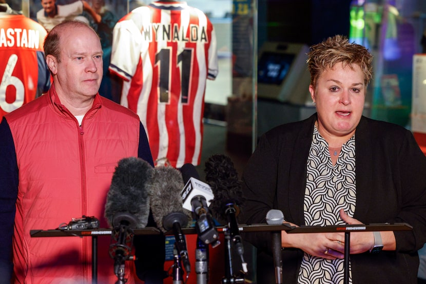 Dallas Sports Commission Executive Director Monica Paul (right) speaks alongside FC Dallas...