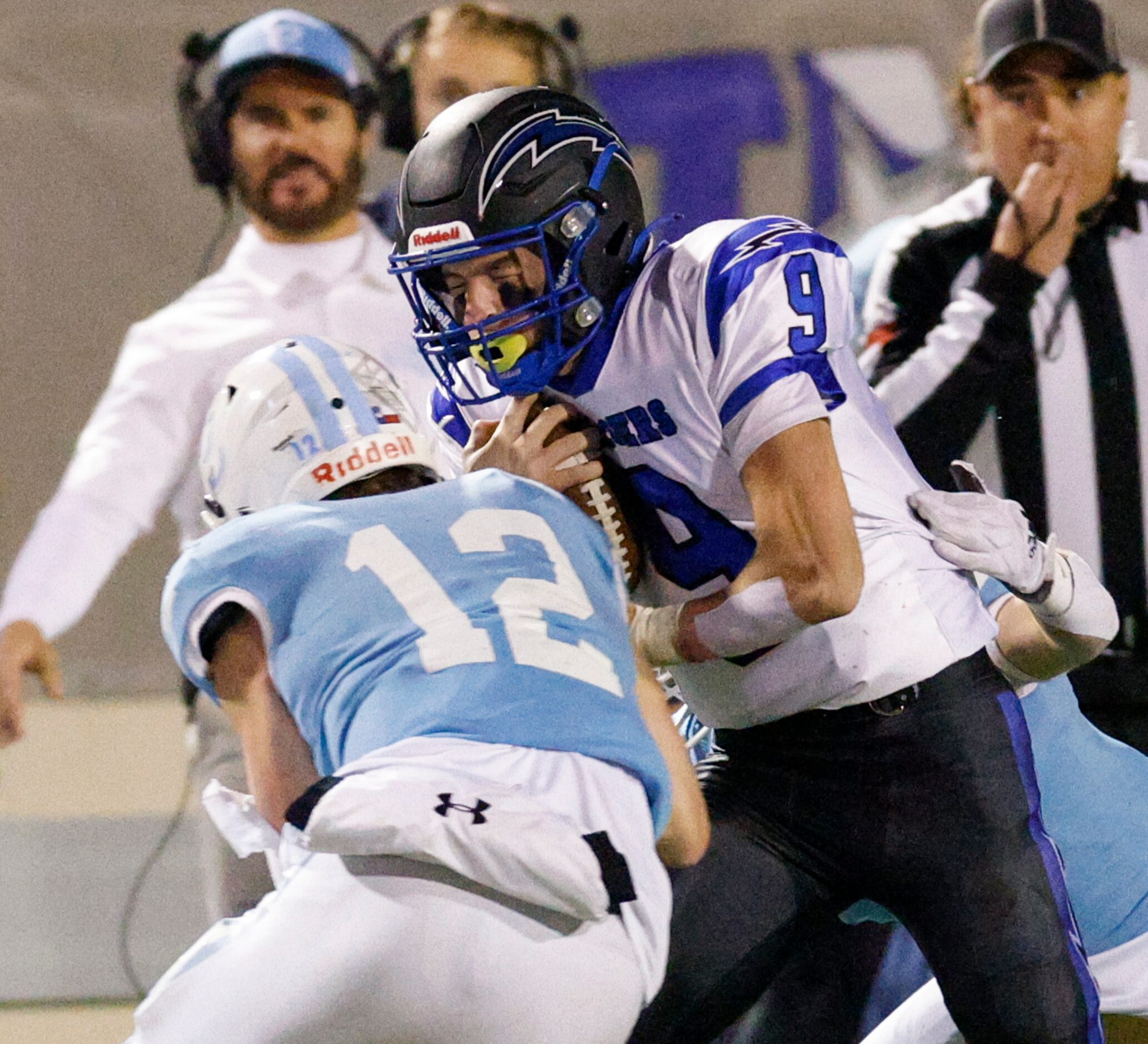 Houston Cypress Christian linebacker Maxwell Landrum (12) tackles Dallas Christian...