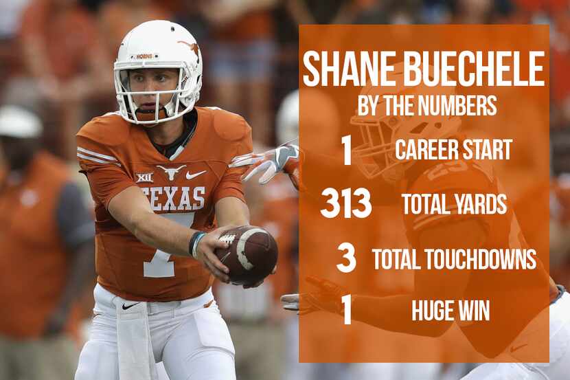 AUSTIN, TX - SEPTEMBER 04:  Shane Buechele #7 of the Texas Longhorns hands off to Chris...