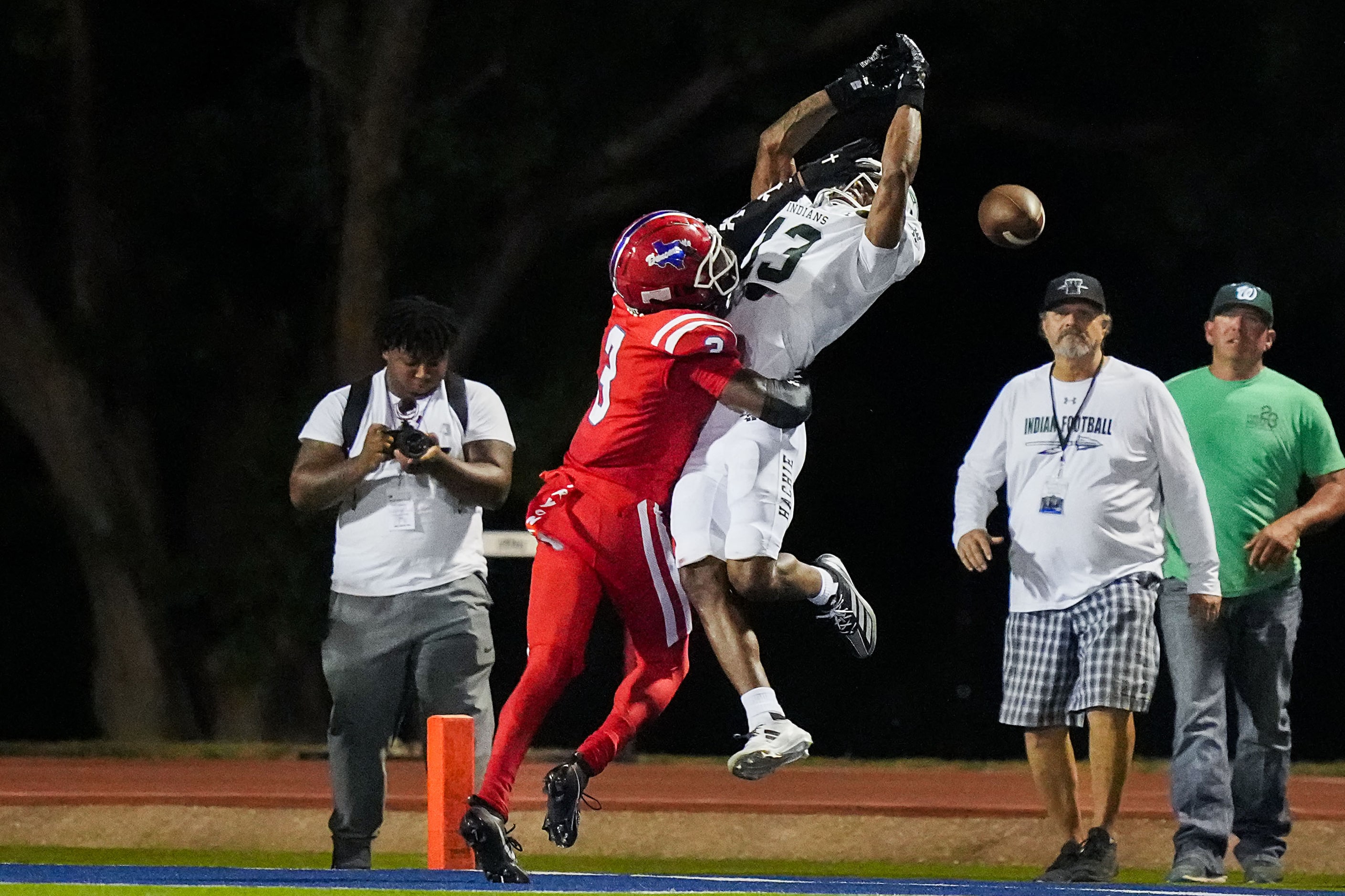 Duncanville defensive back Javion Holiday (3) breaks up a pass intended for Waxahachie wide...