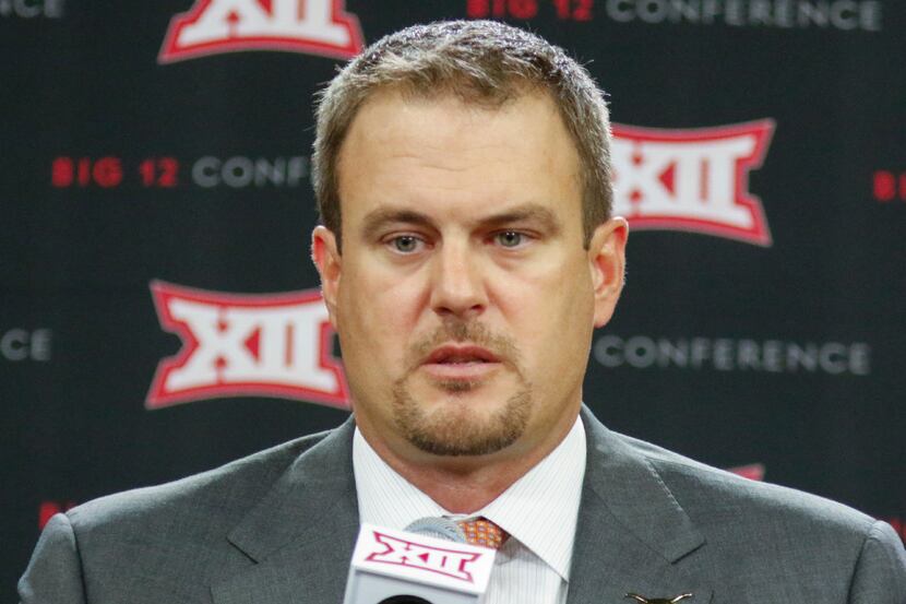 Tom Herman, head football coach at Texas, talks to the media at Big 12 Football Media Days...