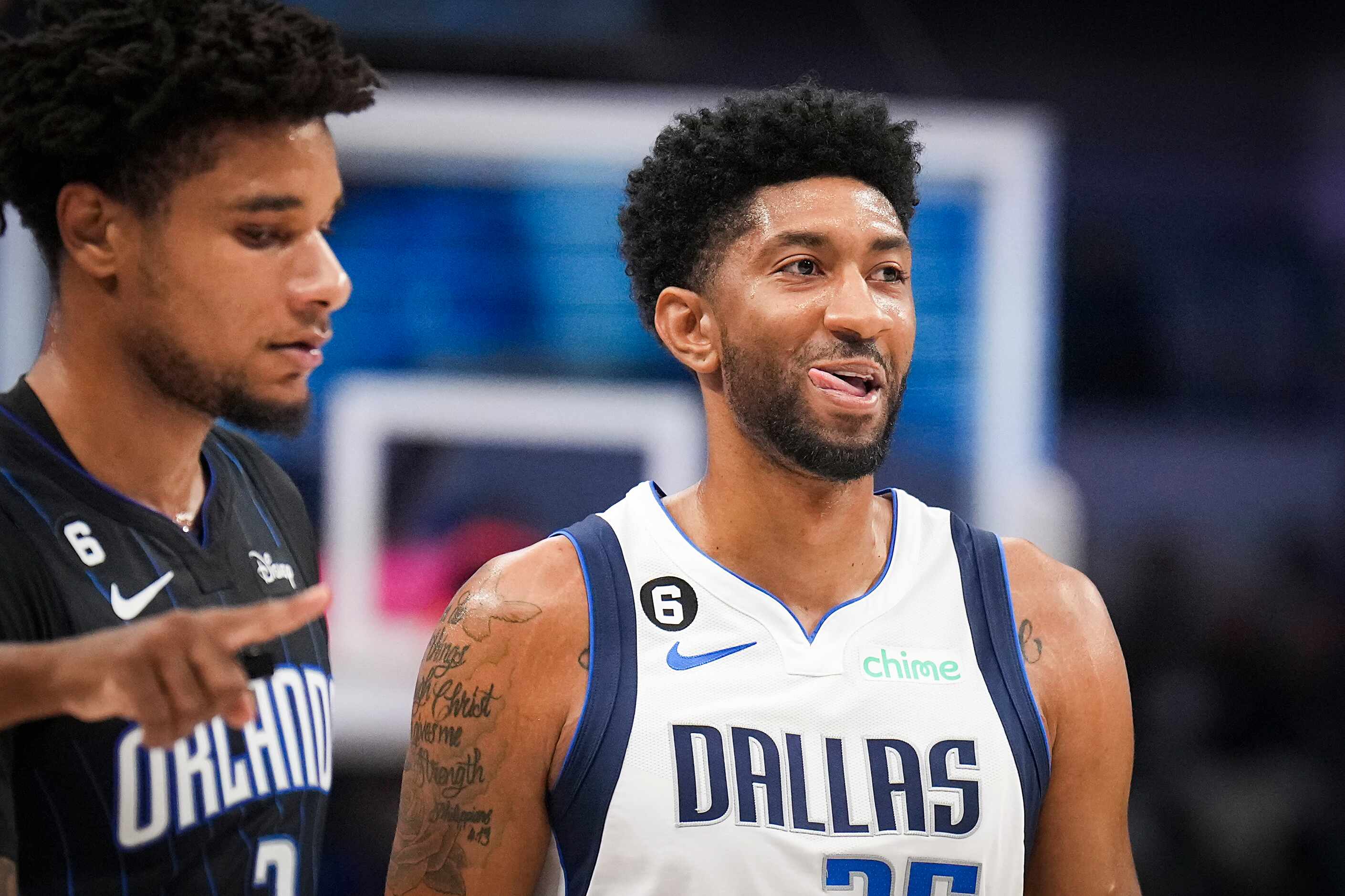 Dallas Mavericks center Christian Wood (35) reacts after a foul during the first half of an...