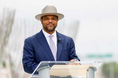 Dallas Mayor Eric Johnson speaks before the unveiling of the new USL Super League Dallas...