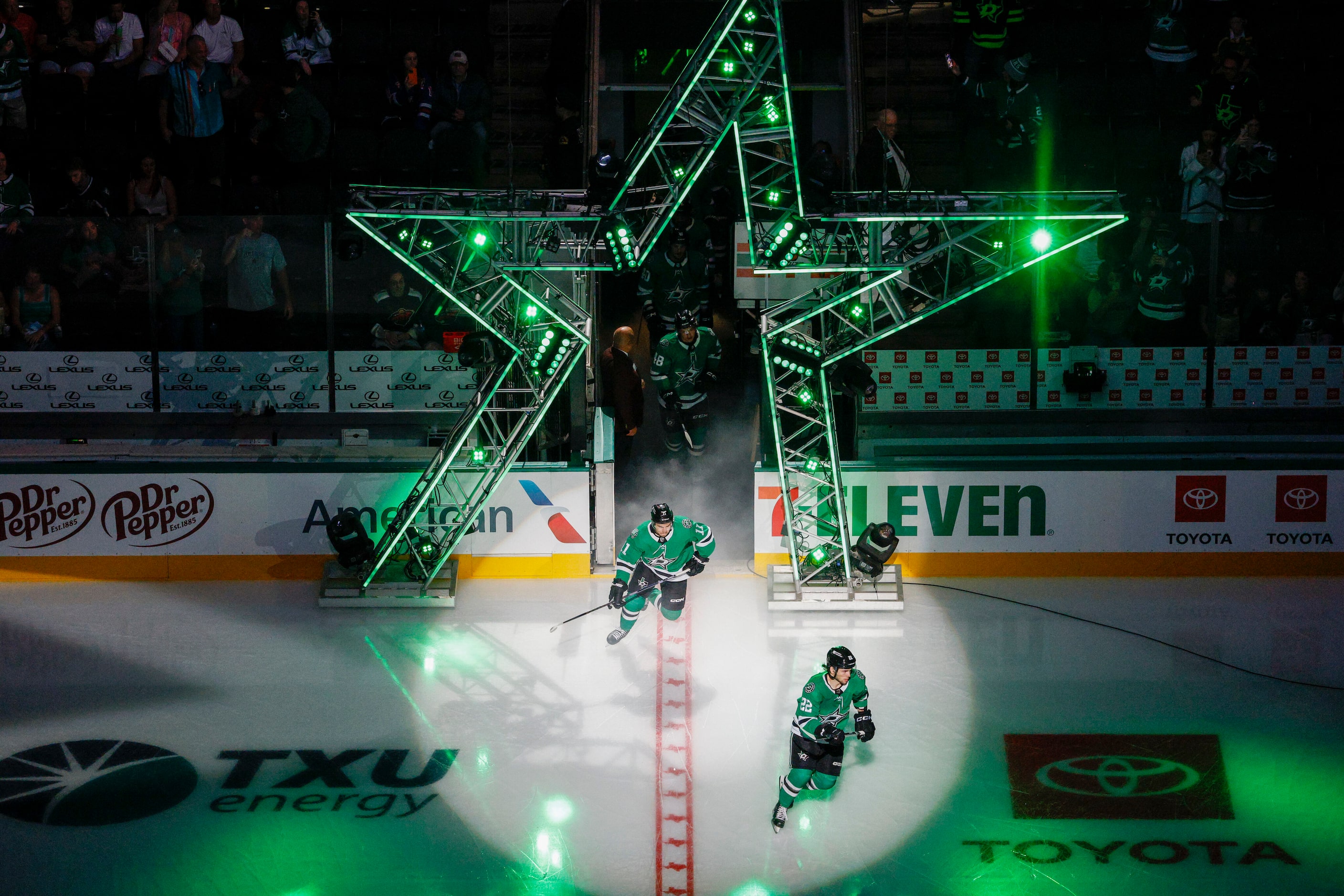 Dallas Stars center Mavrik Bourque (22) and center Logan Stankoven (11) take the ice before...