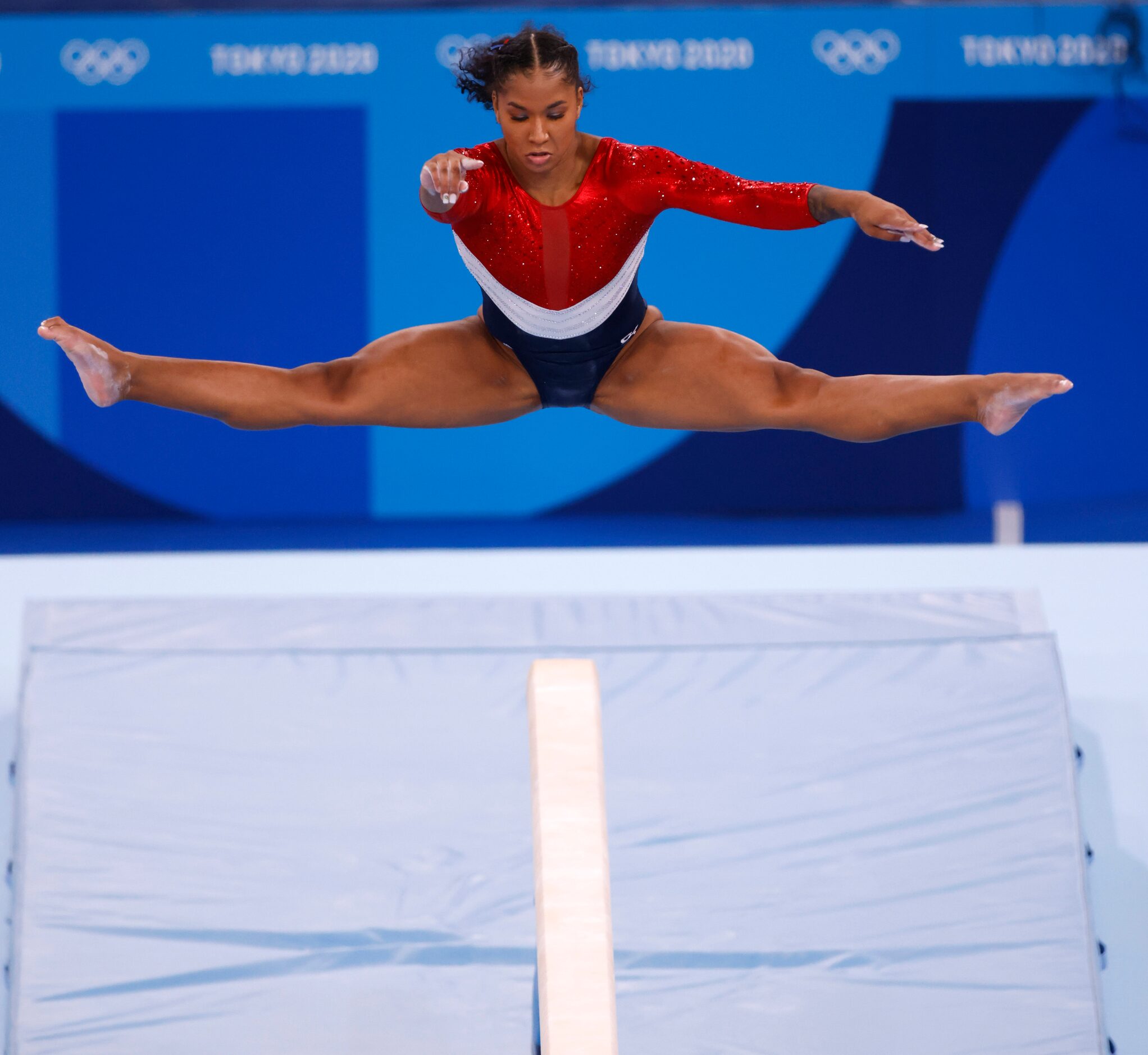 USA’s Jordan Chiles competes on the balance beam during the artistic gymnastics women’s team...