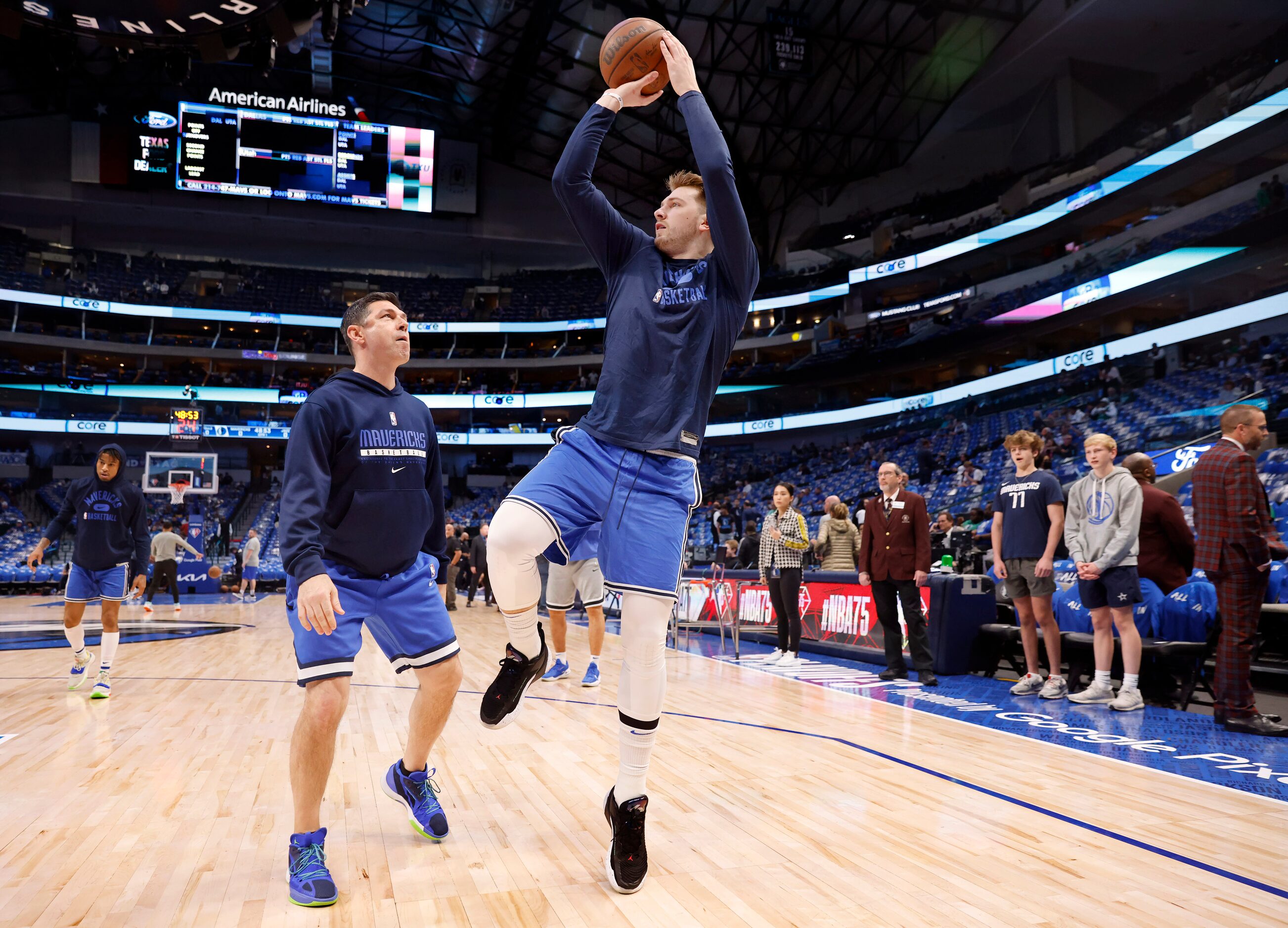 Dallas Mavericks guard Luka Doncic warms up before  Game 5 of an NBA first-round playoff...