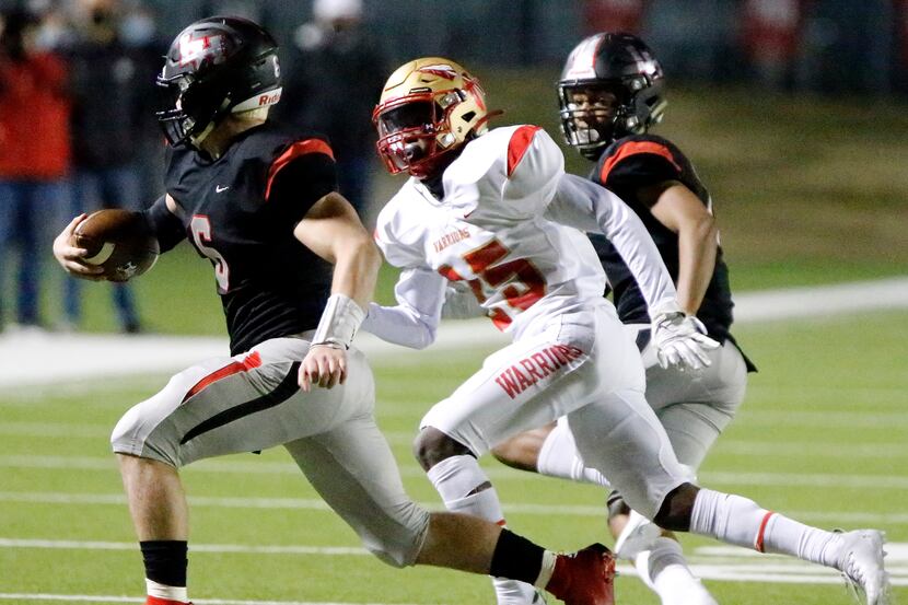 Lake Highlands High School quarterback Mitch Coulson (6) is tackled by South Grand Prairie...