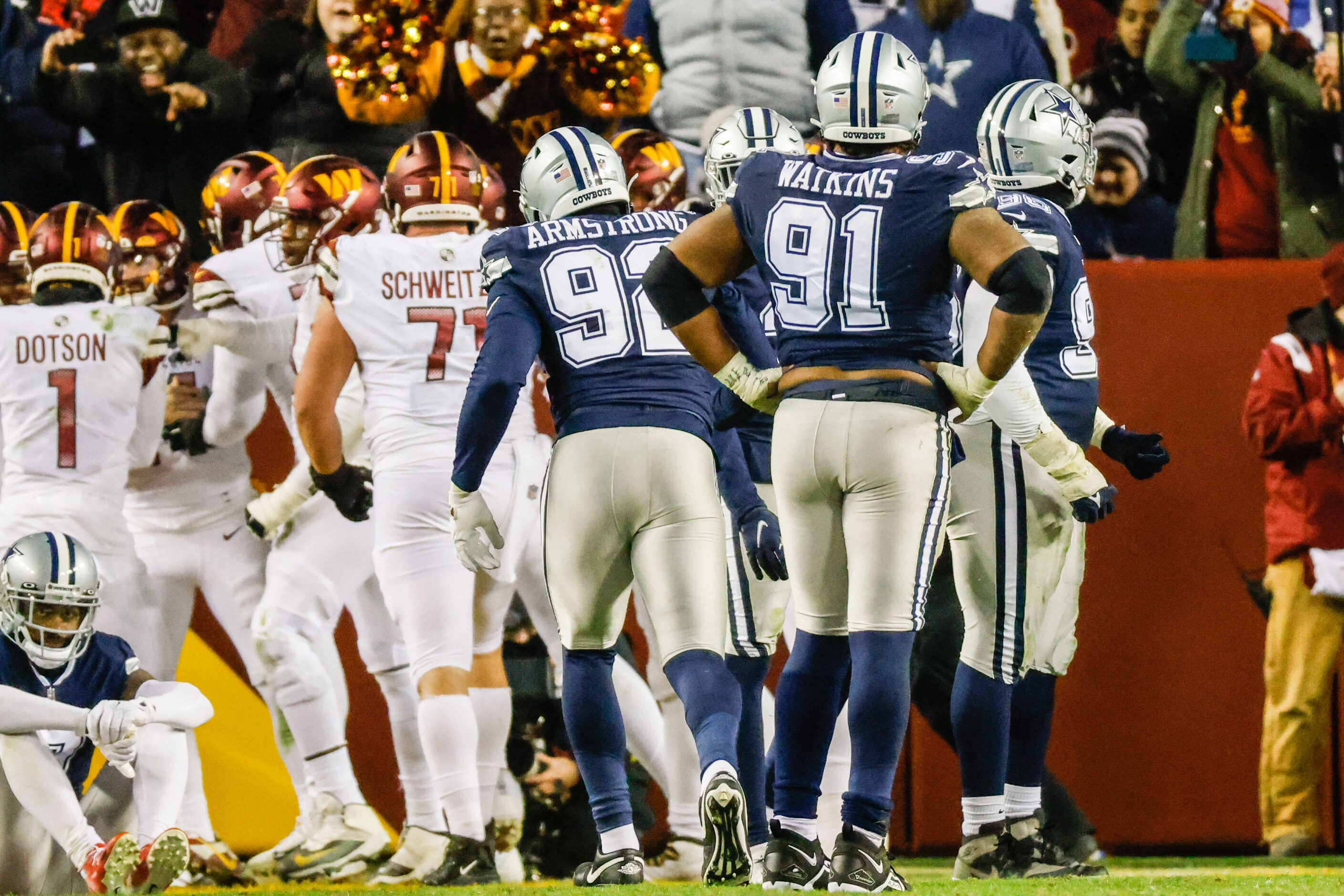 Dallas Cowboys defensive end Carlos Watkins (91) and defensive end Dorance Armstrong (92)...