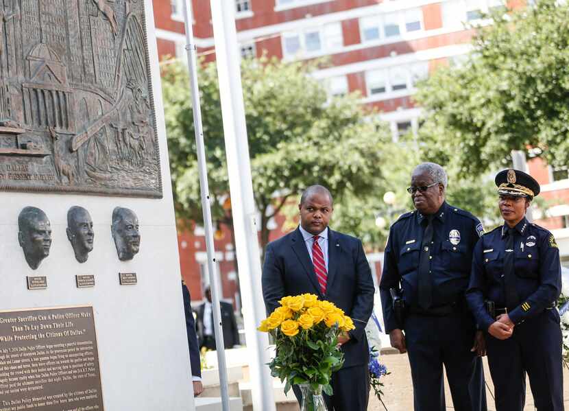 Dallas Mayor Eric Johnson, left, DART Police Chief James D. Spiller, and Dallas Police Chief...