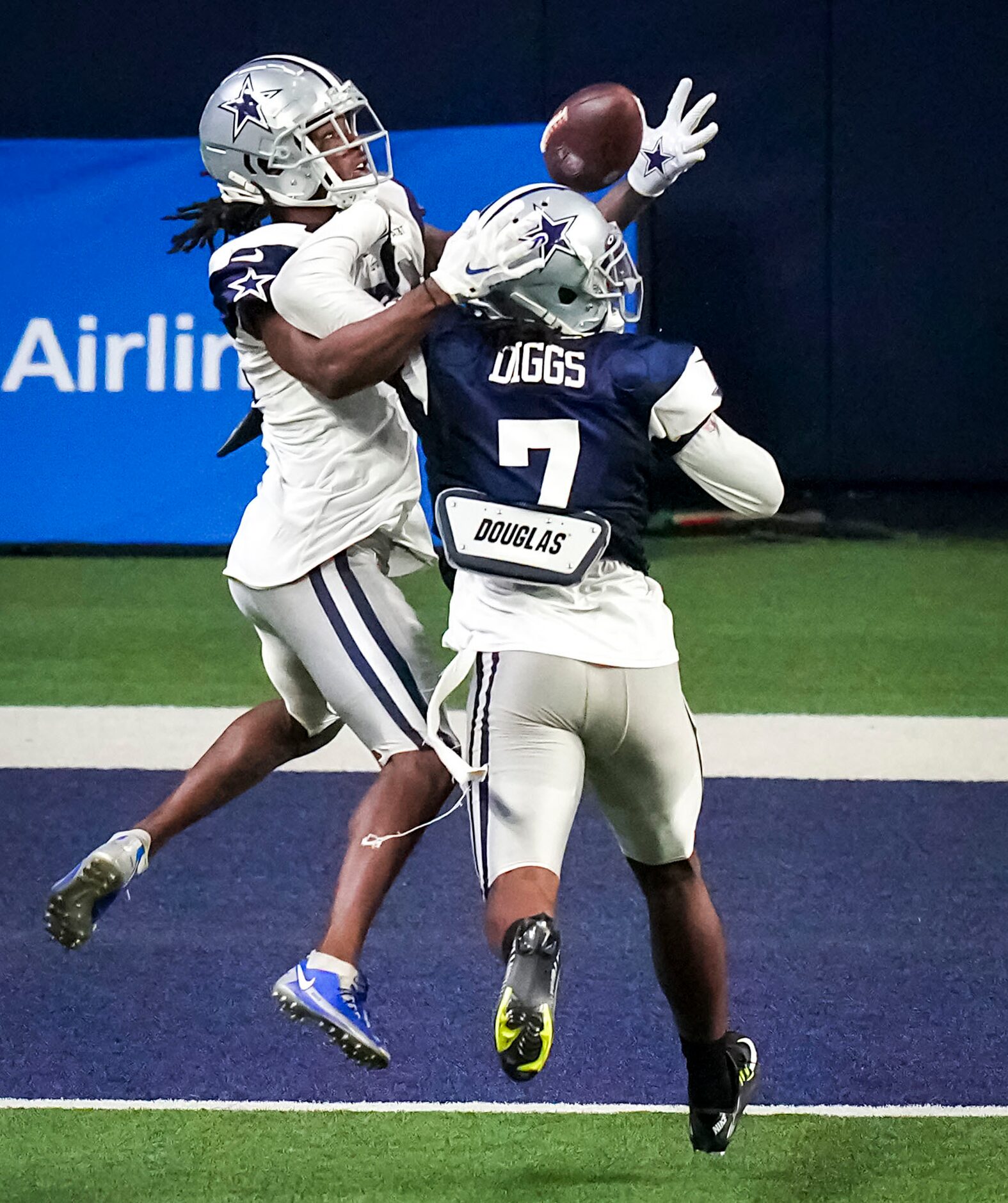 Dallas Cowboys cornerback Trevon Diggs (7) breaks up a pass intended for wide receiver Noah...