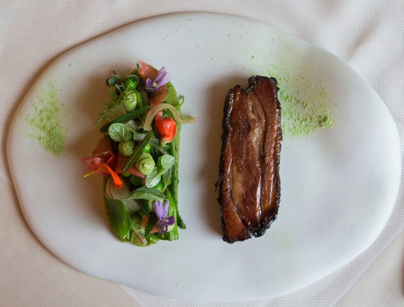 Crispy Colorado lamb belly with avocado-rhubarb pea huarache at Stephan Pyles Flora Street...