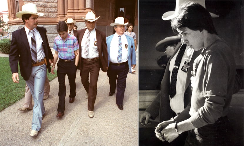 At left, 16-year old Greg Knighten is led from the Waxahachie courthouse by sheriff's...