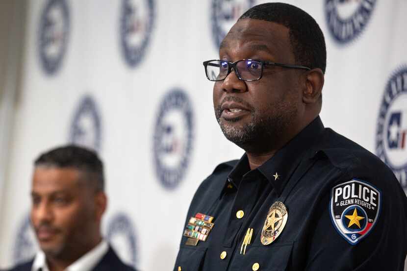 Glenn Heights Deputy Chief of Police Clayton Shields speaks at a news conference to announce...