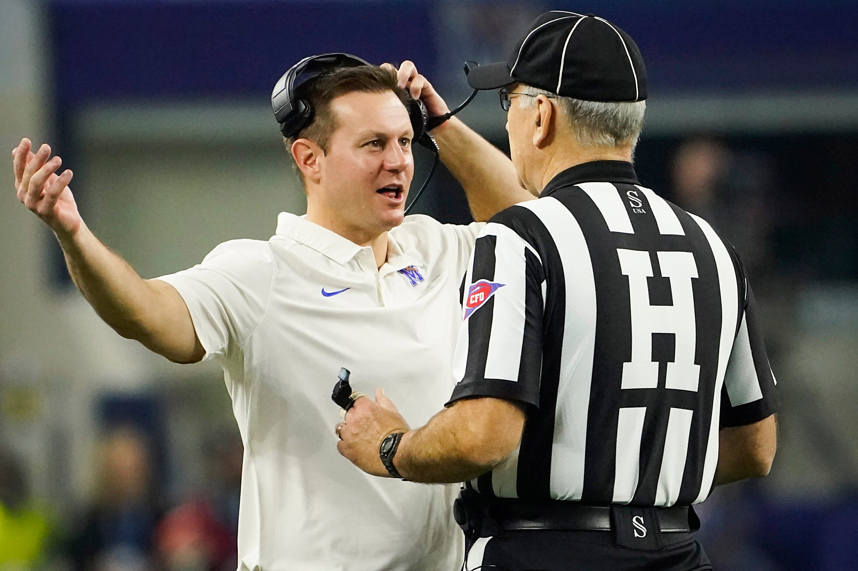 Memphis head coach Ryan Silverfield argues for a call during the second quarter of the...