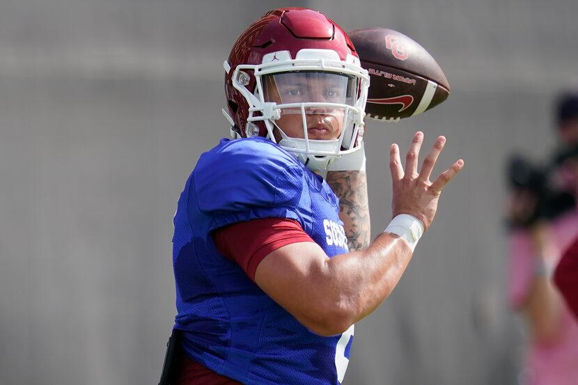 Oklahoma quarterback Dillon Gabriel throws during an NCAA college football practice, Monday,...