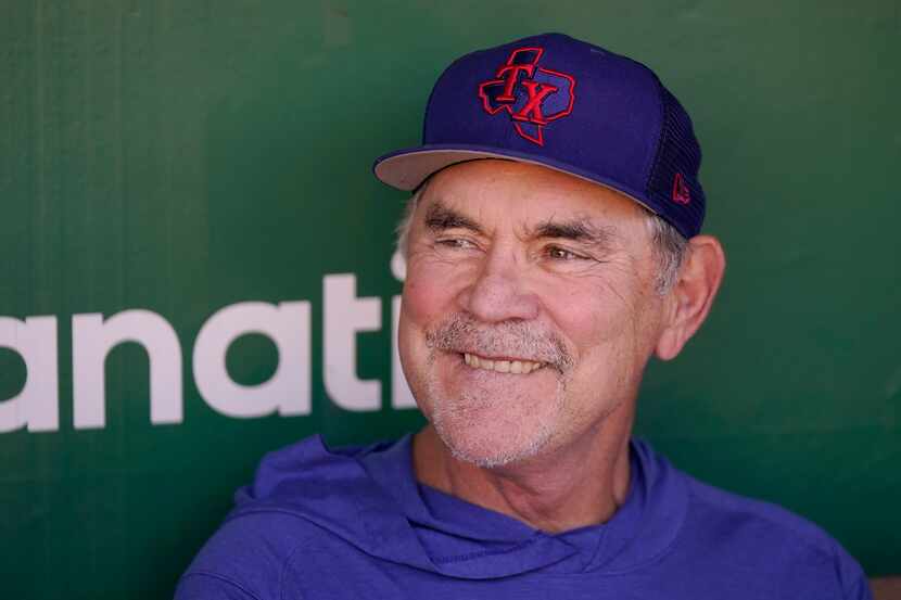 FILE - Texas Rangers manager Bruce Bochy speaks to reporters before a baseball game against...