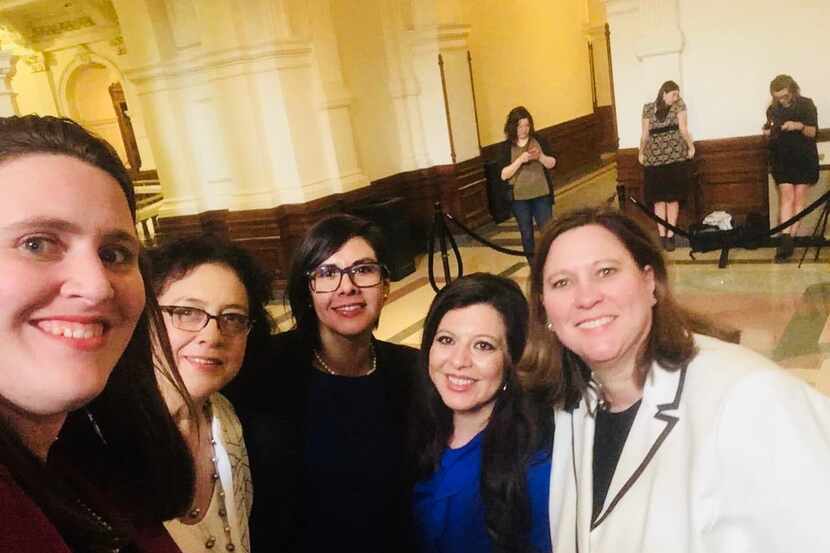 State Reps. Erin Zwiener of Driftwood (from left), Celia Israel of Austin, Jessica González...