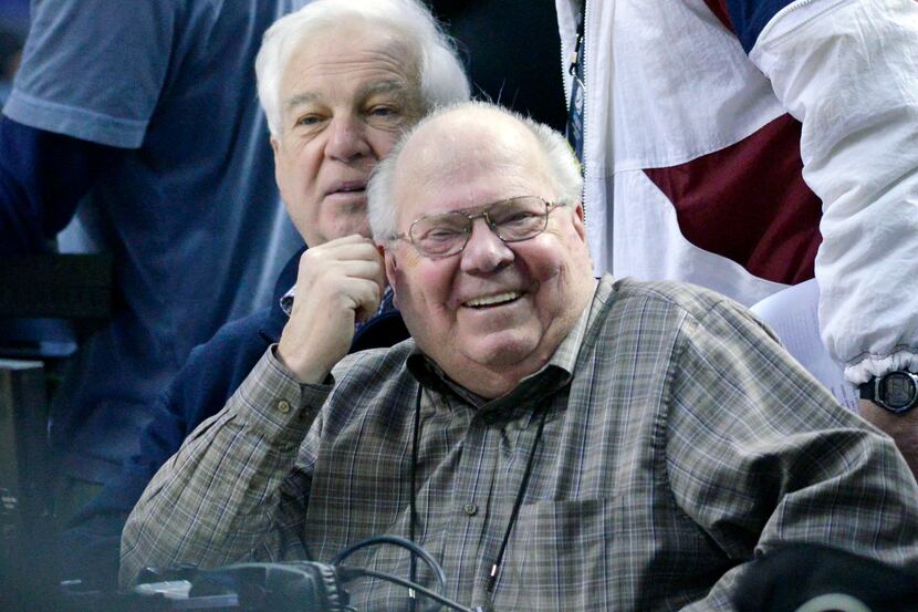 Mar 19, 2014; Buffalo, NY, USA; Bill Raftery (left) and Verne Lundquist prepare during...