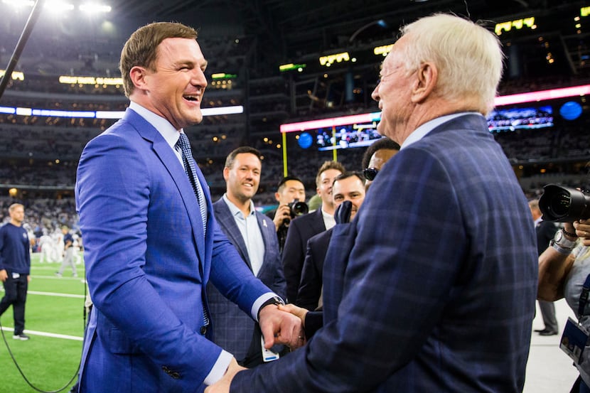 Former Dallas Cowboys tight end Jason Witten laughs with Dallas Cowboys owner Jerry Jones...