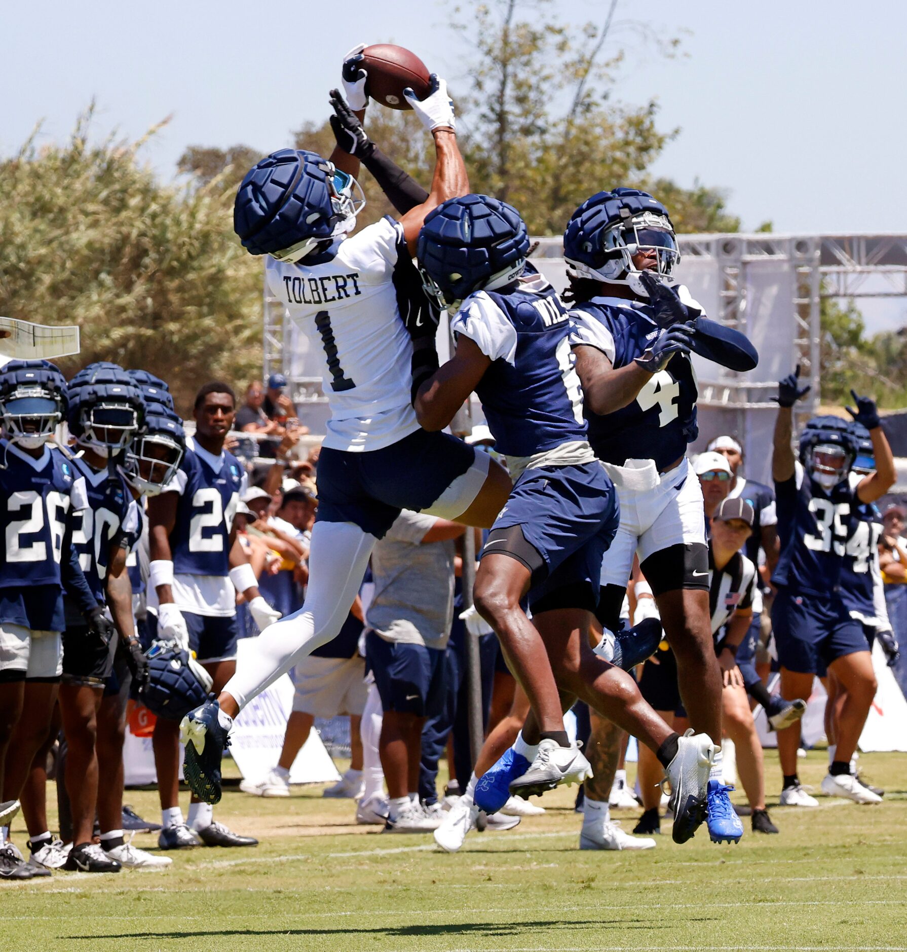 Dallas Cowboys wide receiver Jalen Tolbert (1) goes up for a pass as he’s covered by Dallas...