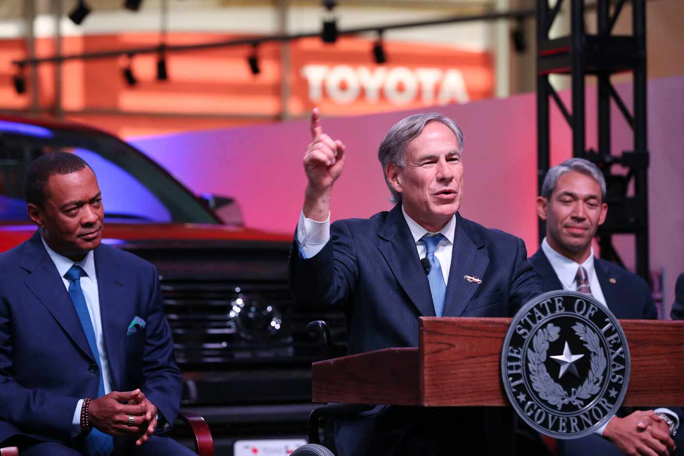 Texas Gov. Greg Abbott speaks during an event at the San Antonio Toyota plant, Tuesday,...