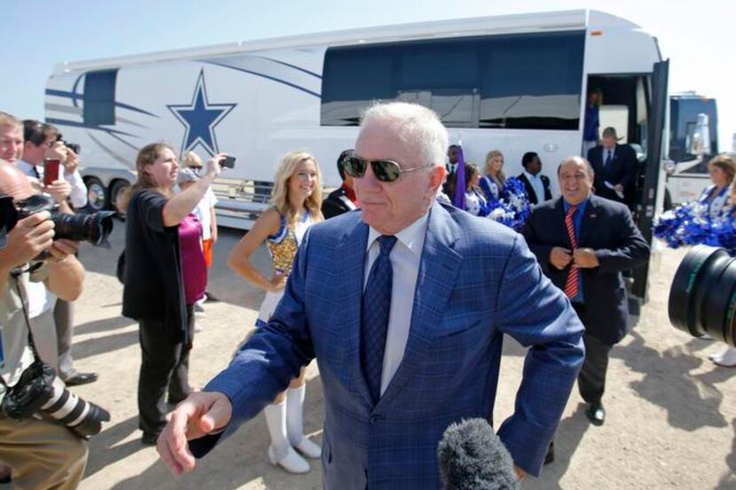 
Cowboys owner Jerry Jones, followed by Mayor Maher Maso and schools Superintendent Jeremy...