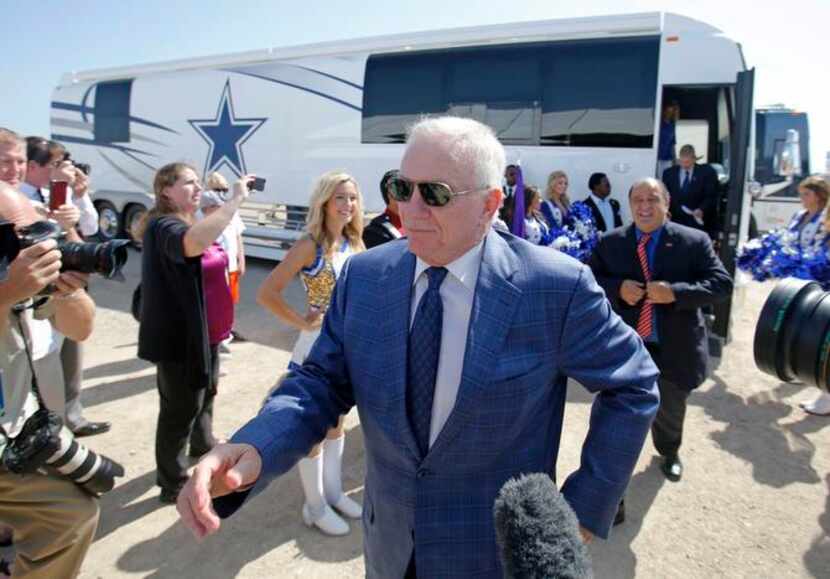 
Cowboys owner Jerry Jones, followed by Mayor Maher Maso and schools Superintendent Jeremy...