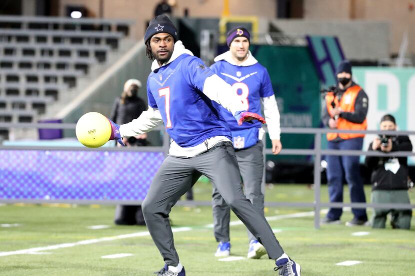 NFC cornerback Trevon Diggs of the Dallas Cowboys competes in the Dodgeball Event at the...