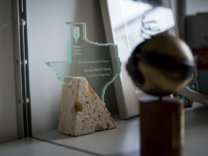 An award on the shelf at the home of Stefan Merrill Block  at his home in Brooklyn. 