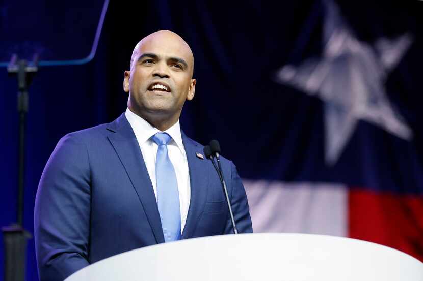 U.S. House Texas District 32 Representative Colin Allred speaks to delegates and guests...