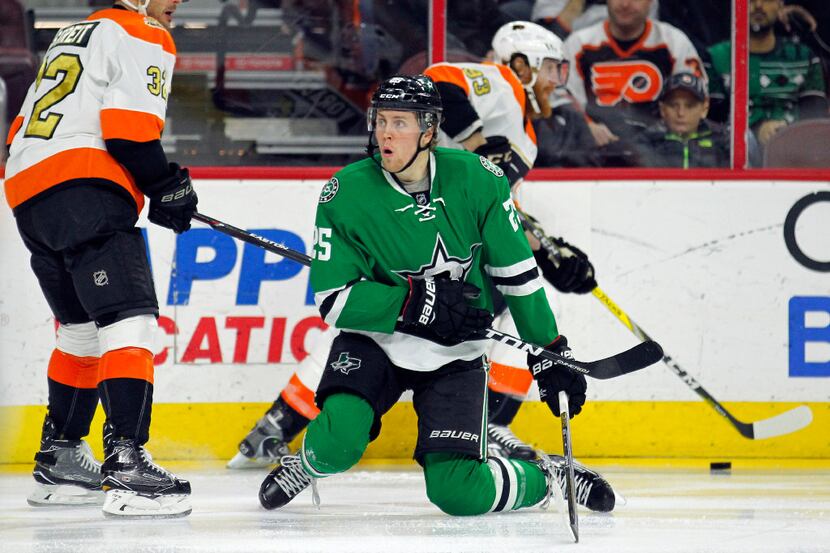 Dallas Stars' Brett Ritchie, right, traps the stick of Philadelphia Flyers' Mark Streit,...