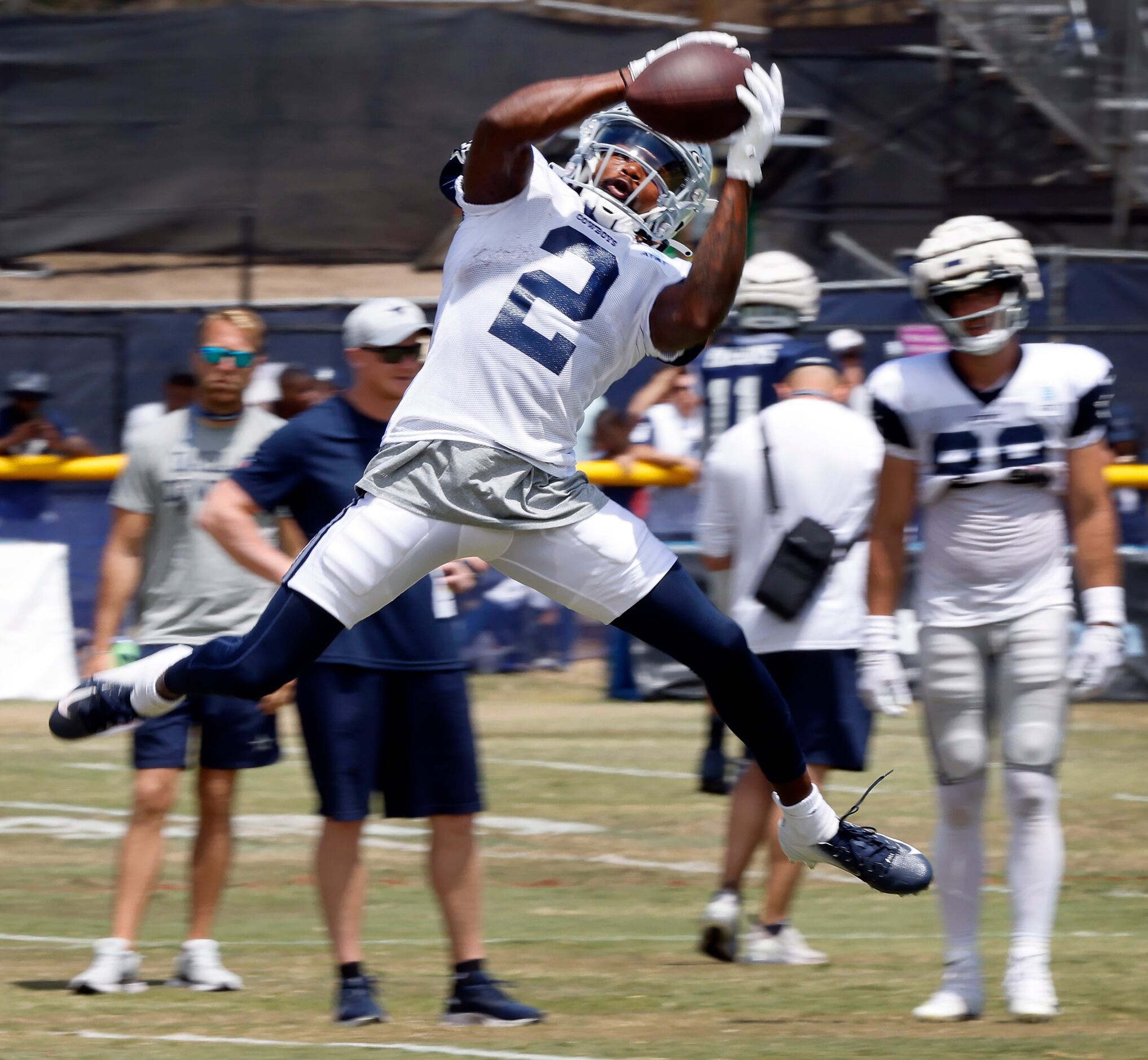 Dallas Cowboys wide receiver KaVontae Turpin (2) goes up for a pass during training camp...