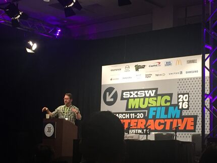 Burnie Burns on stage at SXSW 2016.