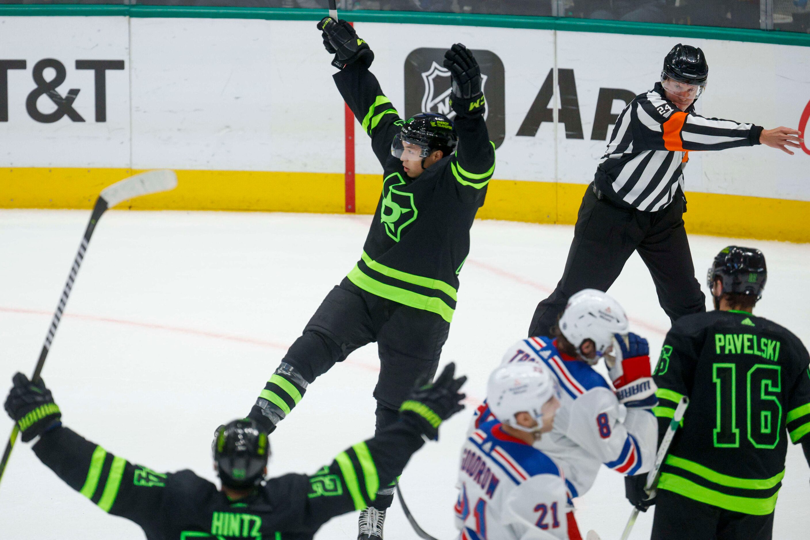 Dallas Stars left wing Jason Robertson (21) celebrates after a goal during the second period...